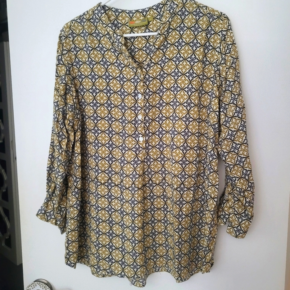 Rock Flower Paper Button Tunic Top Blouse Pleated Womens L 3/4 Sleeve Geometric